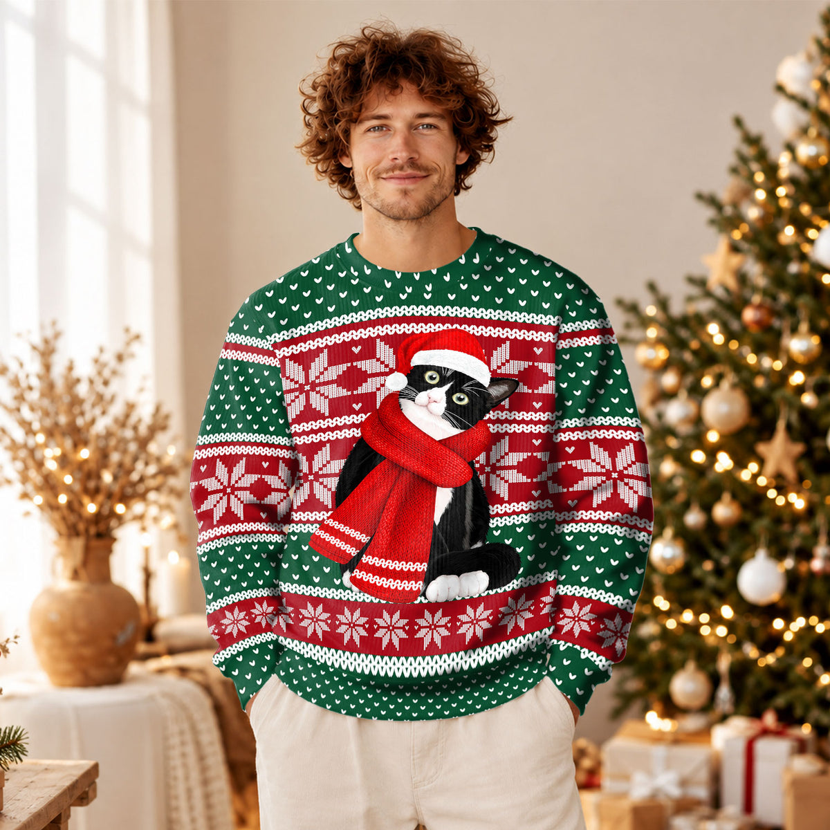 Cute Black Cat Christmas Sweater, Festive Snowflake Ugly Sweater, Christmas Gift for Cat Lovers