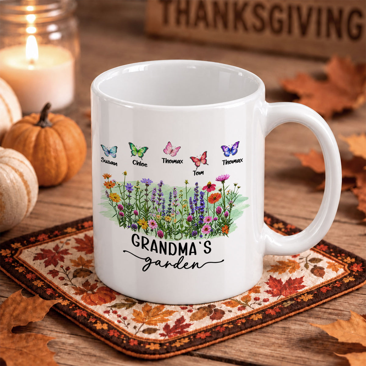 Personalized Grandma’s Garden Mug, Custom Grandkids, Thanksgiving Autumn Gift For Grandma