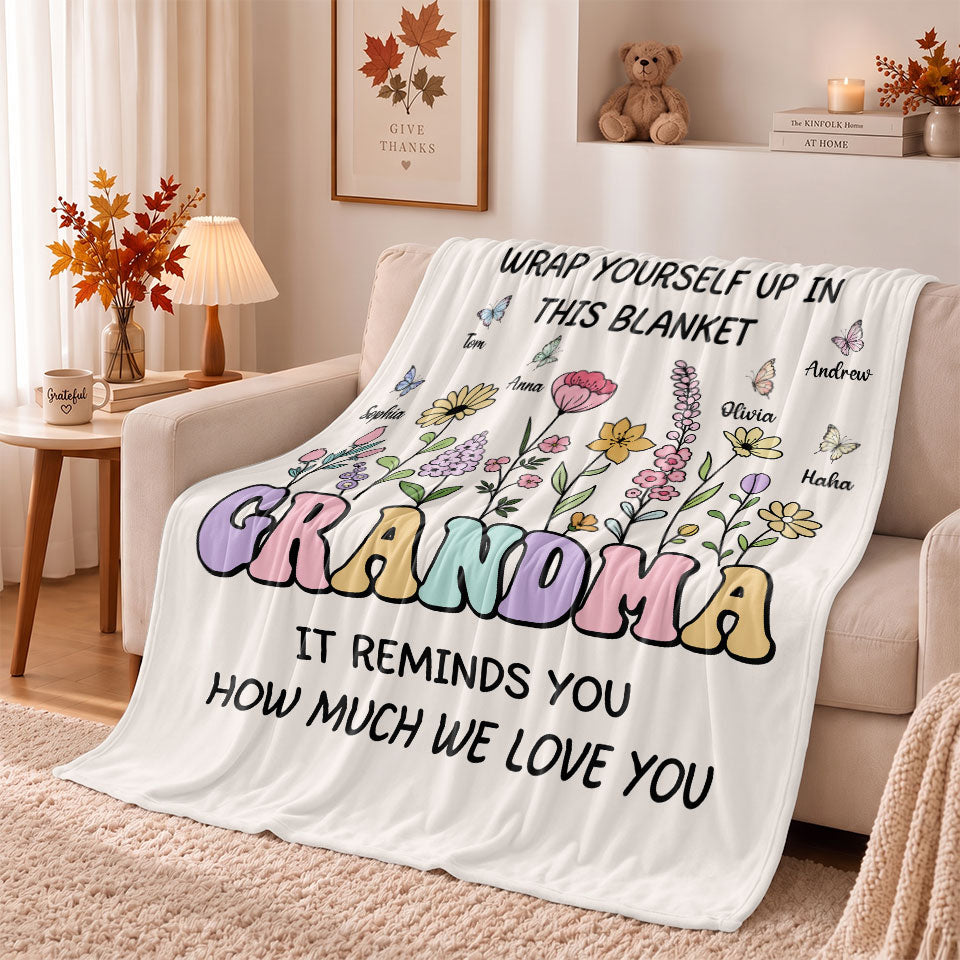Personalized Grandma Blanket Vintage Wildflower Thanksgiving Gift for Grandma from Grandkids, Family Gift