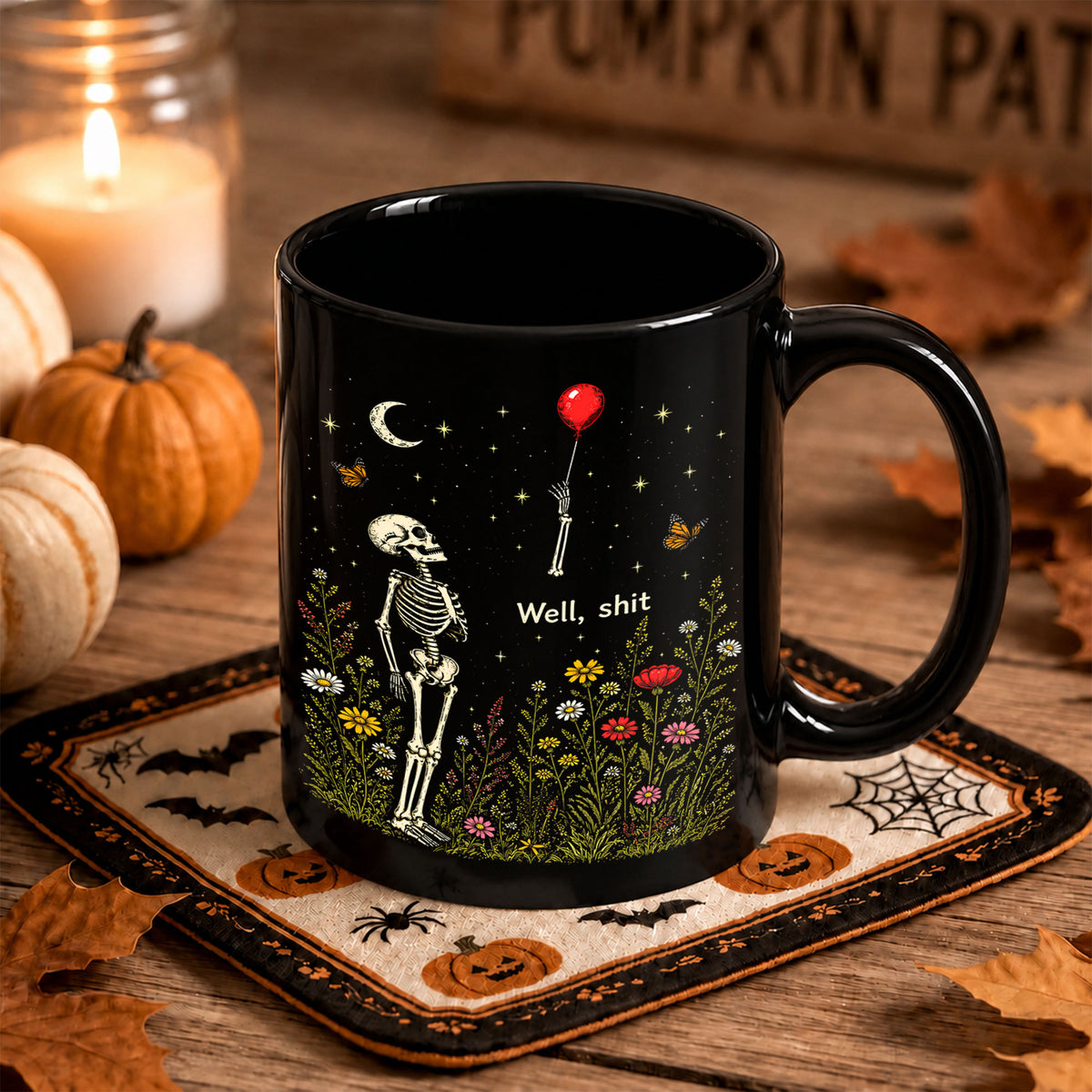 Skeleton Holding Red Balloon Halloween Mug, Funny Spooky Coffee Mug, Halloween Gift