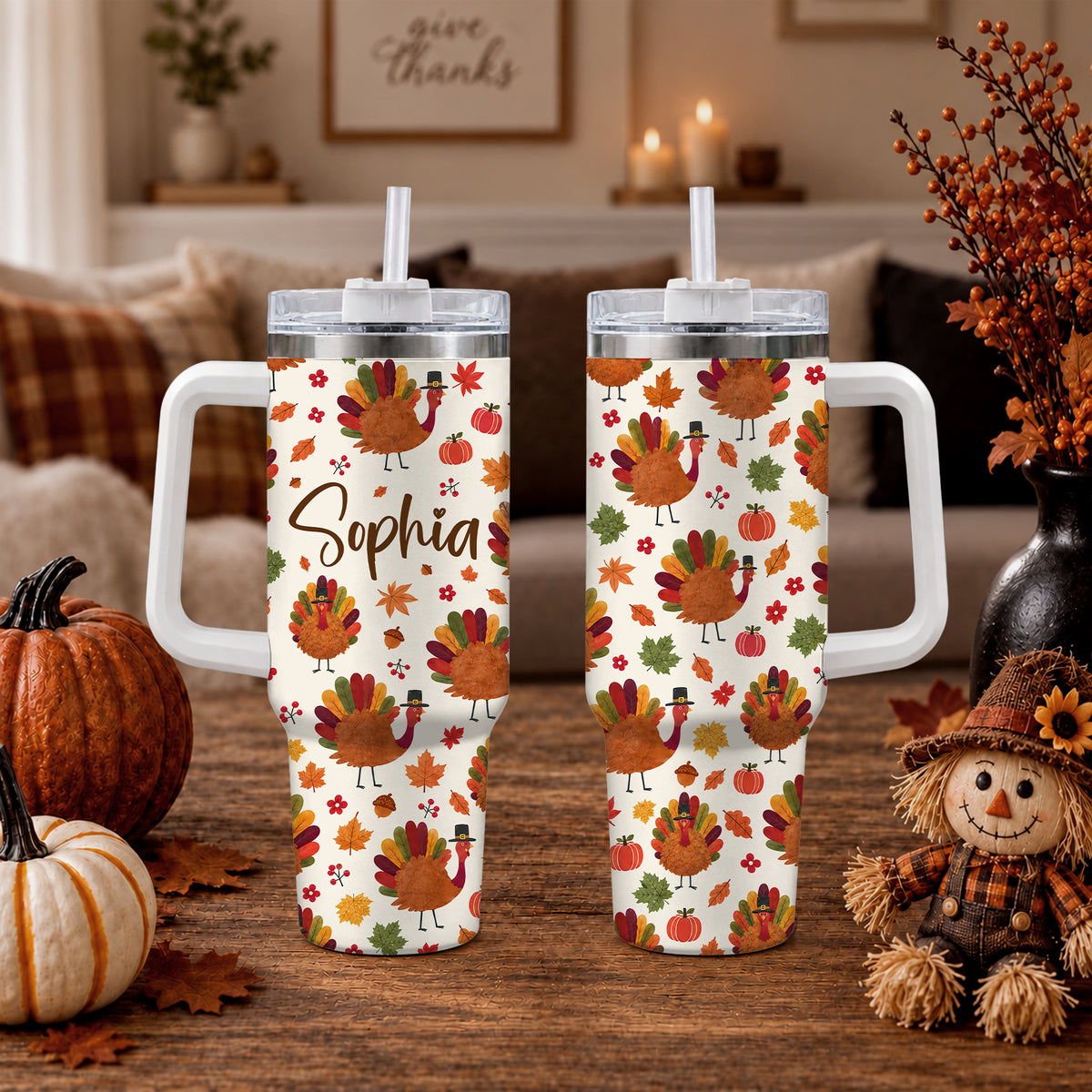 Personalized Thanksgiving Tumbler 40oz, Turkey Fall Leaves Gnome, Hello Fall Custom Name Gift For Adult & Friends