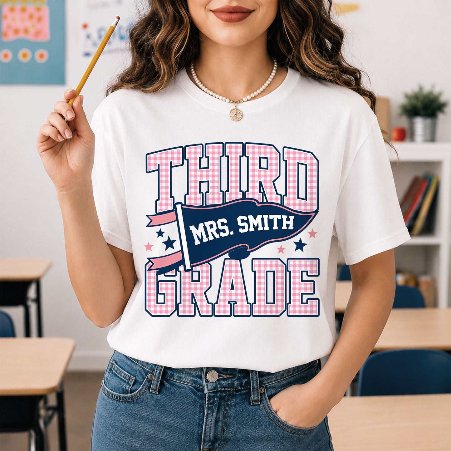 Personalized Back to School Shirt – Custom Name & Grade Preppy Striped Pennant Flag Color Tee for Teachers & Students, Pre-K to 8th Grade Outfit