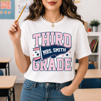 Personalized Back to School Shirt – Custom Name & Grade Preppy Striped Pennant Flag Color Tee for Teachers & Students, Pre-K to 8th Grade Outfit