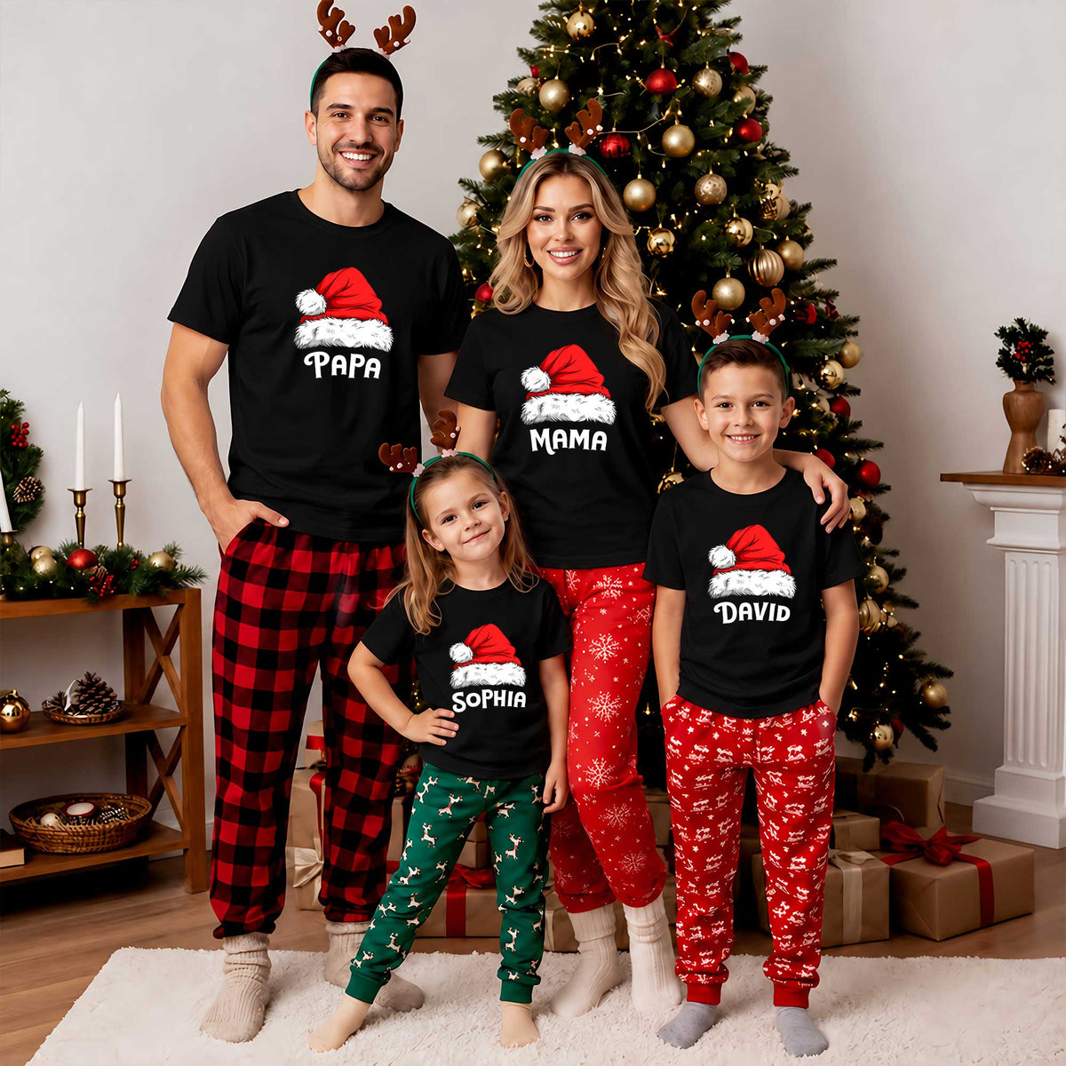 Personalized Family Christmas Shirts, Matching Santa Hat Tees, Custom Name Holiday Gift