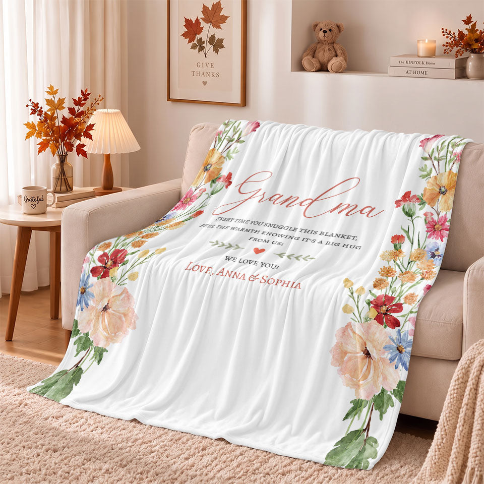 Personalized Grandma Thanksgiving Fleece or Sherpa Blanket, Floral Garden Family Custom Gift for Grandma