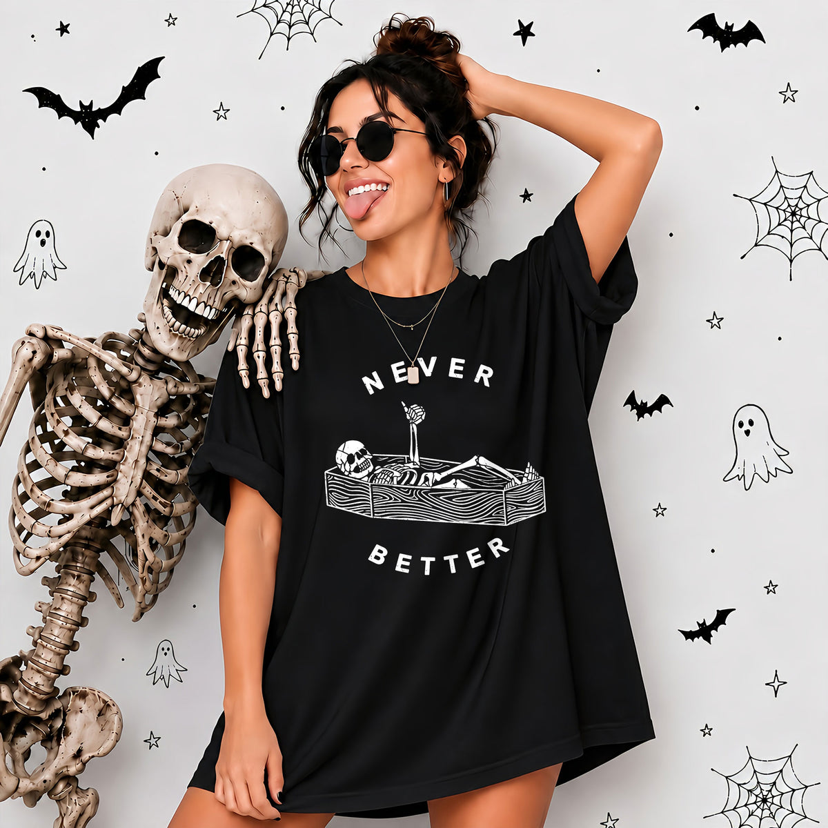 Funny Skeleton Coffee Halloween Sweatshirt, Never Better Graphic, Halloween Gift