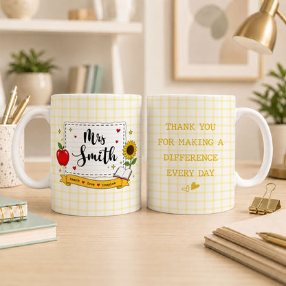 Personalized Teach Love Inspire Teacher Mug with Custom Name, Teacher Appreciation Coffee Mug, Thank You Teacher Gift, Back to School Gift
