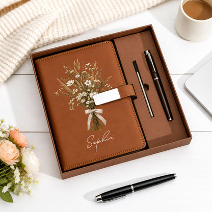 Personalized Leather Notebook Set with Custom Name, Floral Journal Gift Set with Pen for Women, Teacher, Student, Office