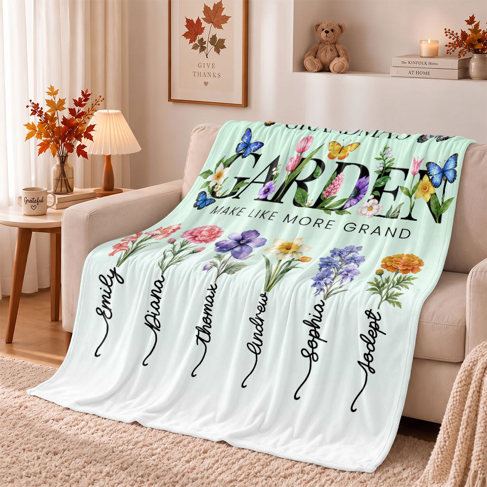 Personalized Grandma Thanksgiving Fleece & Sherpa Blanket, Family Garden Floral Custom Name Gift for Grandma