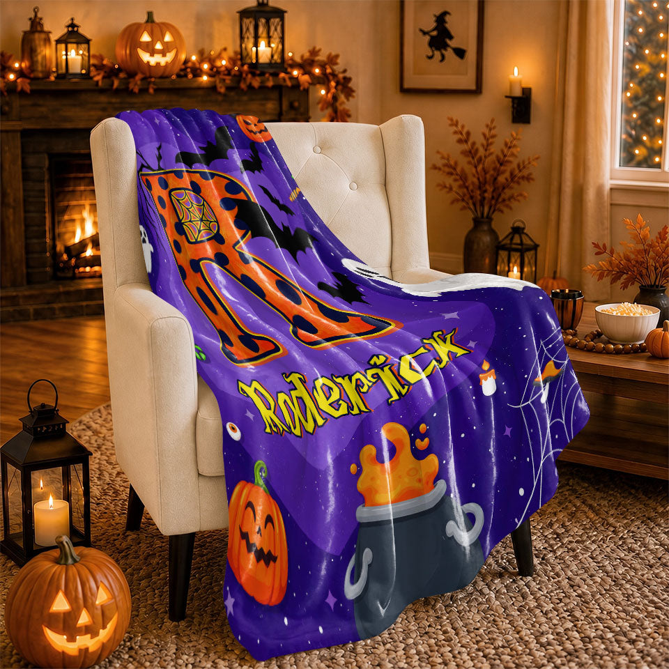 Personalized Halloween Blanket for Kids, Ghost Pumpkin Name Blanket, Fleece & Sherpa Blanket