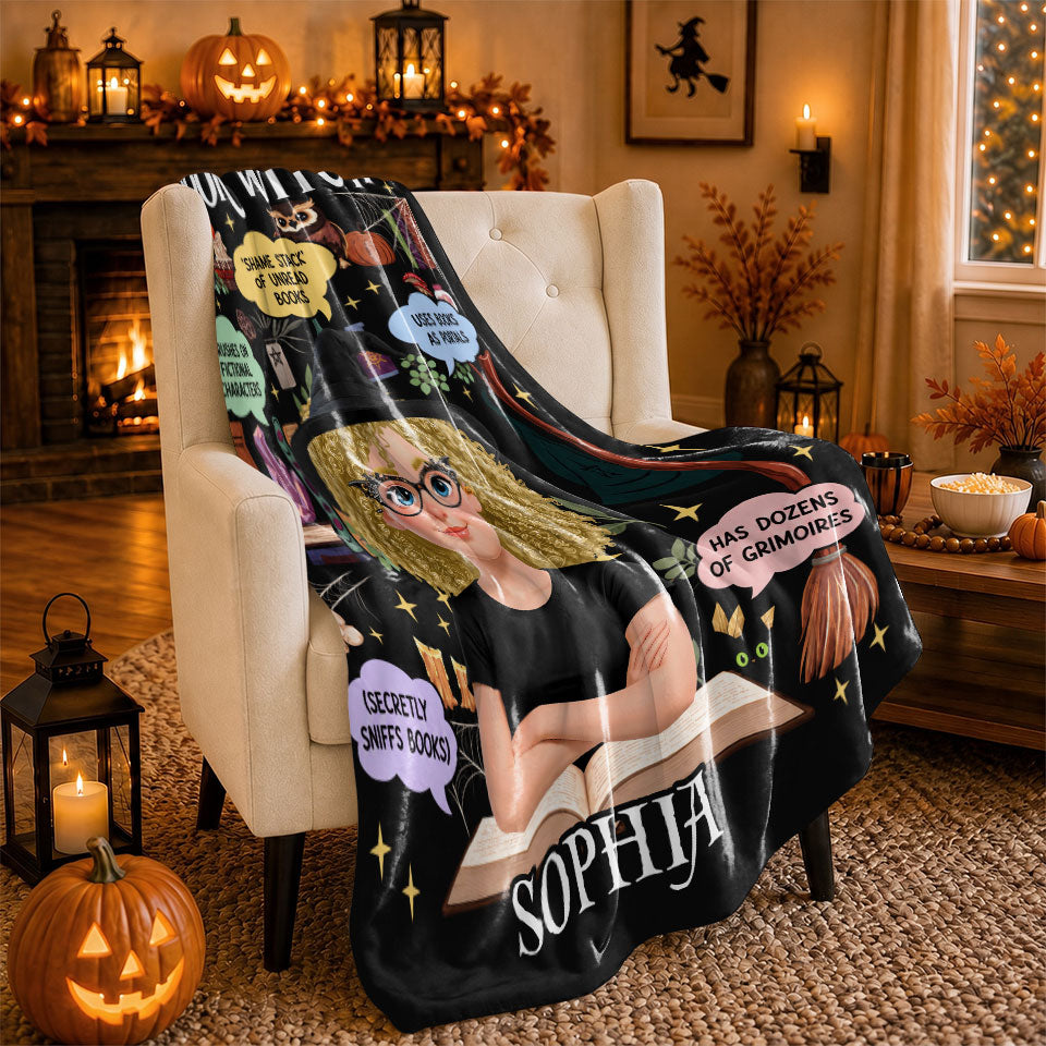 Personalized Book Witch Blanket, Custom Name & Character Halloween Reading Blanket for Women and Girls