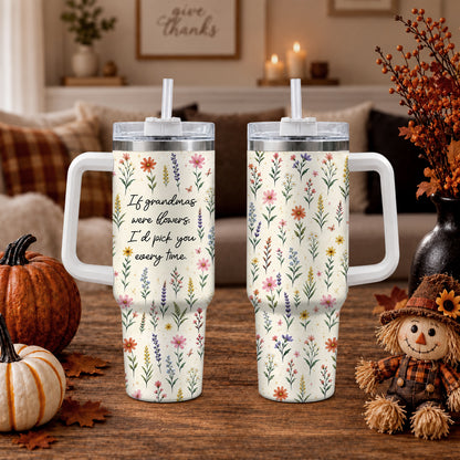Personalized Thanksgiving Tumbler 40oz with Handle, Floral Fall Design, Gift For Grandma