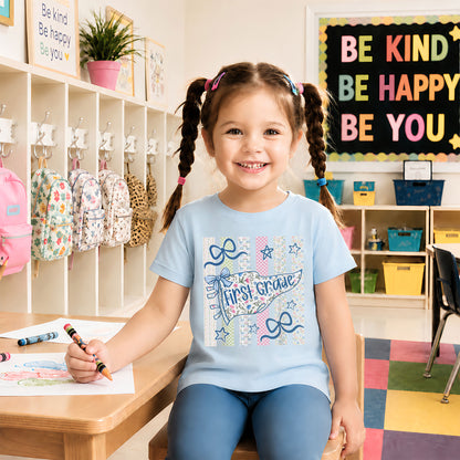 Personalized Back to School Shirt – Custom Name & Grade Preppy Striped Pennant Flag Color Tee for Teachers & Students, Pre-K to 8th Grade Outfit