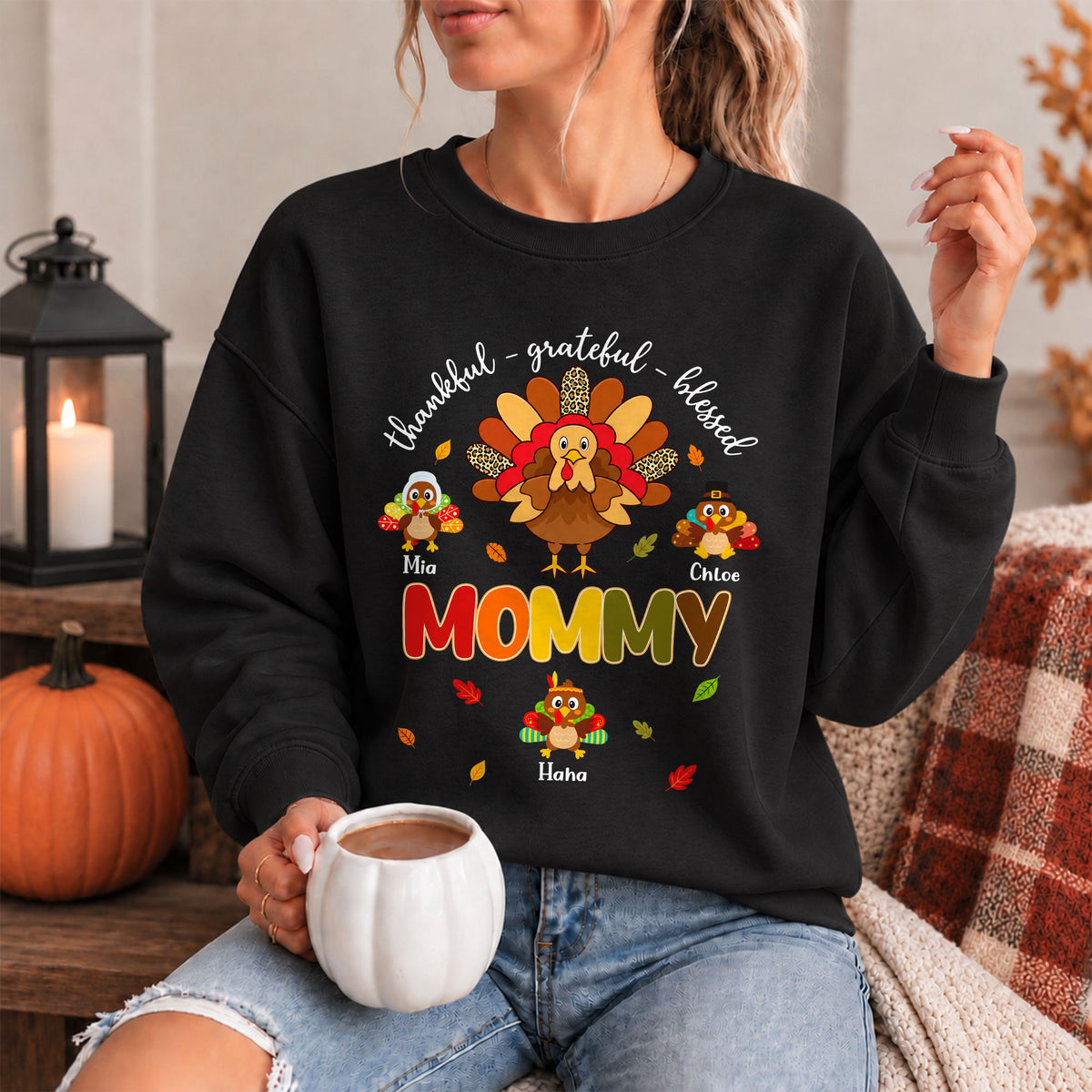 Personalized Thankful Grateful Blessed Grandma Sweatshirt, Custom Grandma Turkey with Grandkids Names Gift For Family