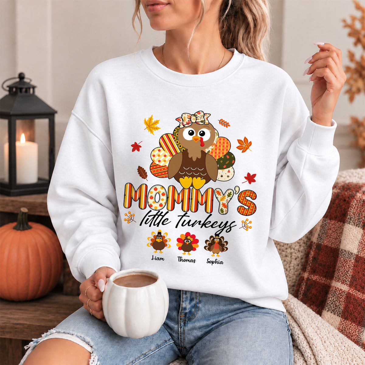 Personalized Thankful Grateful Blessed Grandma Sweatshirt, Custom Grandma Turkey with Grandkids Names Gift For Family