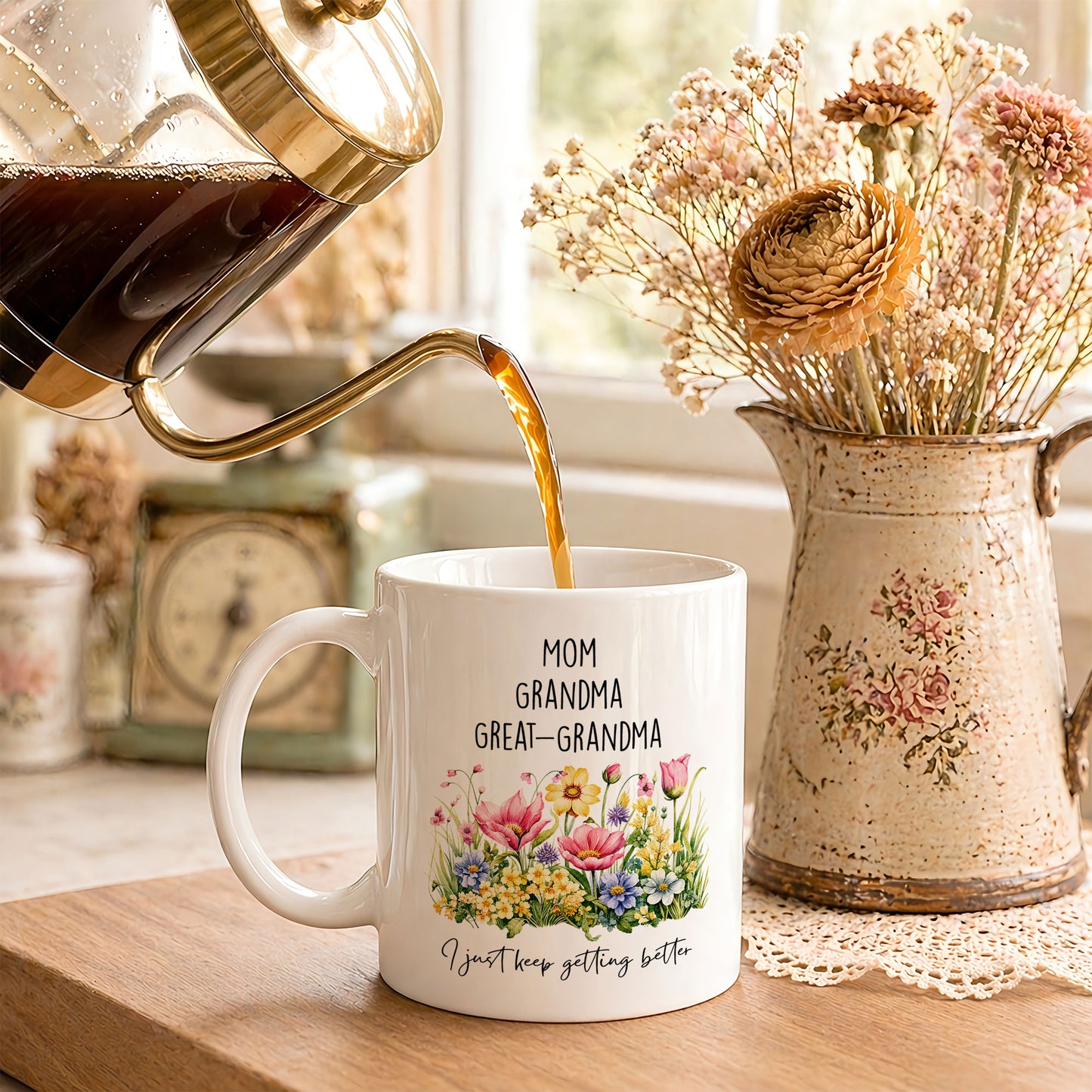 Personalized Mom Grandma Great-Grandma Floral Mug – Cute Family Coffee Cup Gift for Mom and Grandma