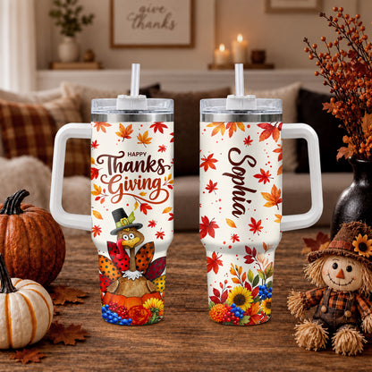 Personalized Thanksgiving Tumbler 40oz, Turkey Fall Leaves Gnome, Hello Fall Custom Name Gift For Adult & Friends