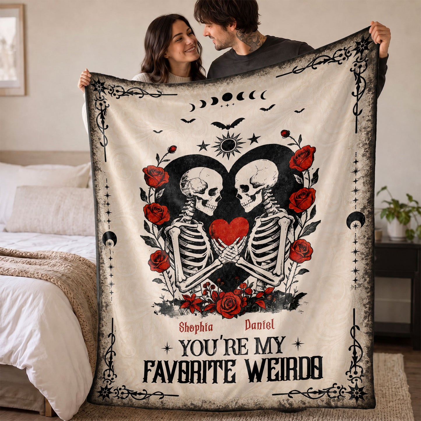 Skeleton Couple Blanket, Gothic Halloween Gift for Couples, Weird Love Design, Personalized Fleece Blanket & Sherpa Blanket