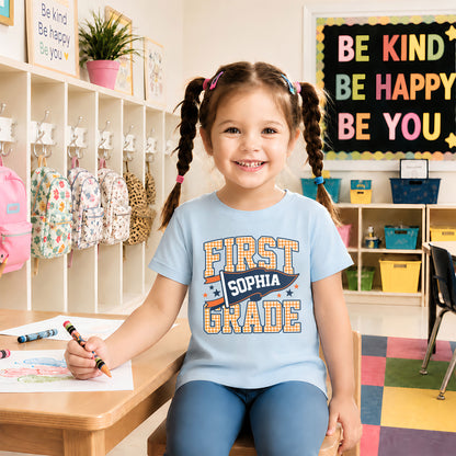 Personalized Back to School Shirt – Custom Name & Grade Preppy Striped Pennant Flag Color Tee for Teachers & Students, Pre-K to 8th Grade Outfit