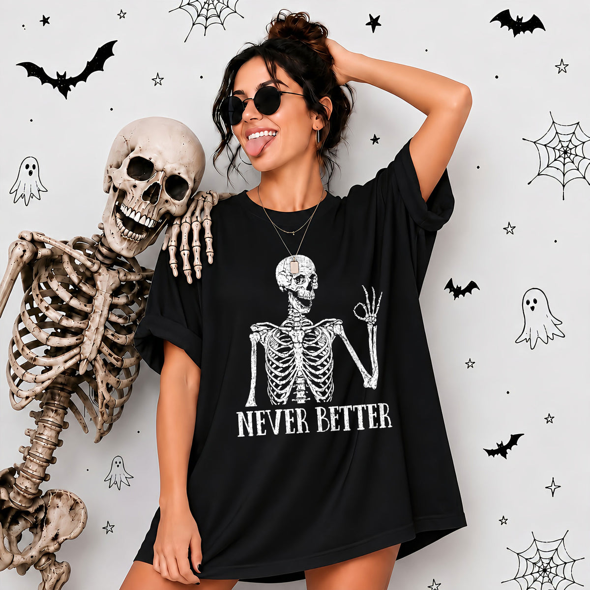 Funny Skeleton Coffee Halloween Sweatshirt, Never Better Graphic, Halloween Gift