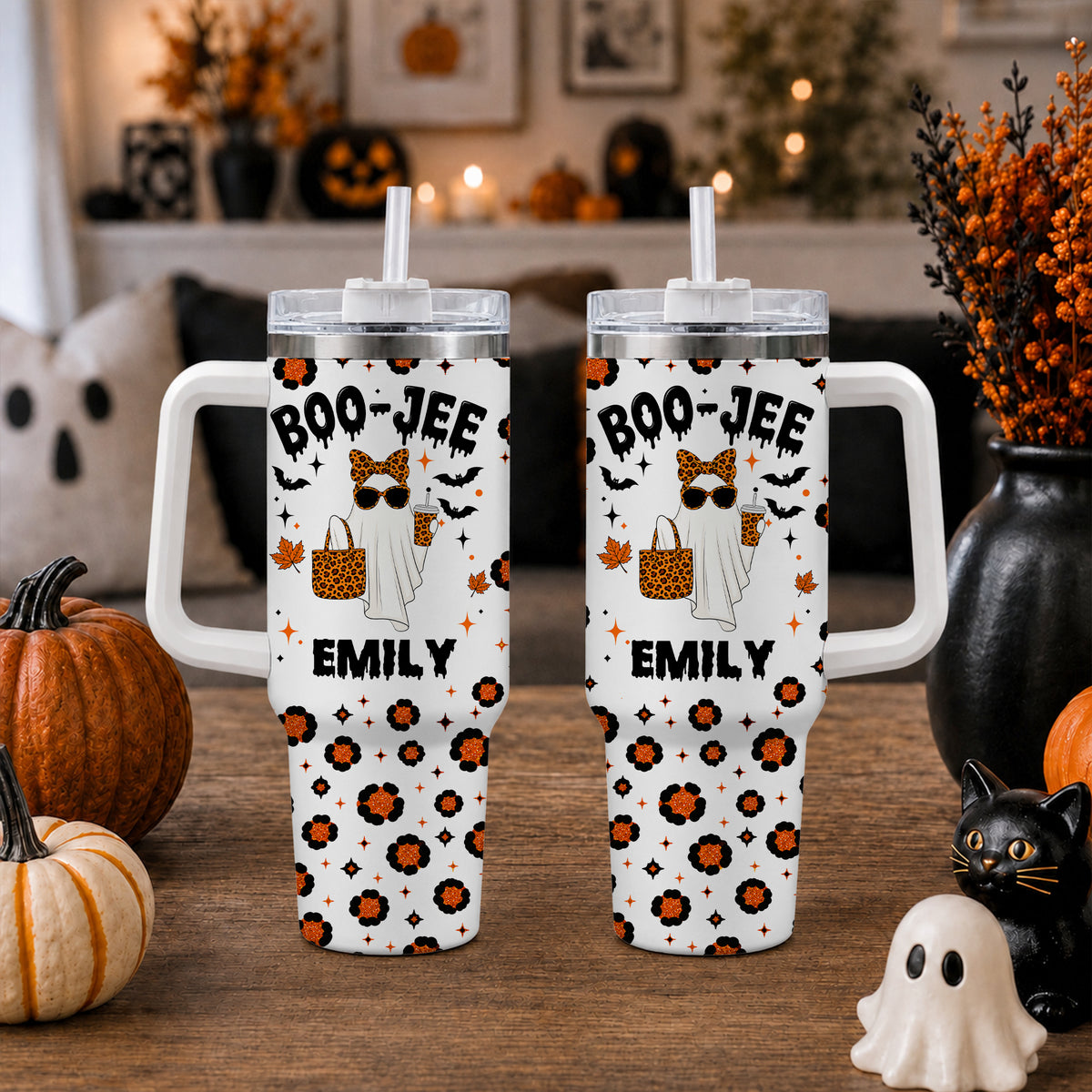Personalized Halloween Tumbler with Handle - Custom Name Boo Jee Ghost Tumbler - Trendy Spooky Season Gift