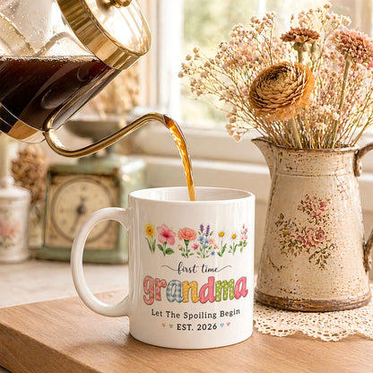 Personalized First Time Grandma Mug – Let The Spoiling Begin Coffee Mug, New Grandma Gift Est 2026
