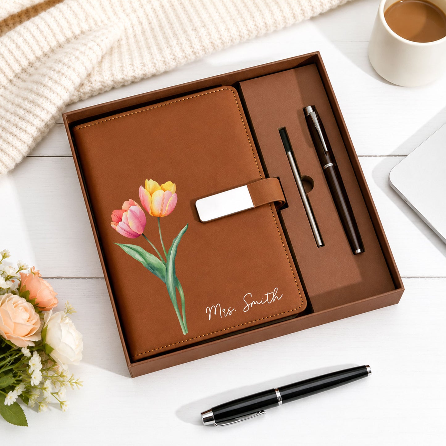 Personalized Leather Notebook Set with Custom Name, Floral Journal Gift Set with Pen for Women, Teacher, Student, Office