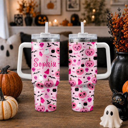 Personalized Halloween Tumbler, 40oz Travel Tumbler with Name, Vintage Spooky Pattern Gift Girls and Boys