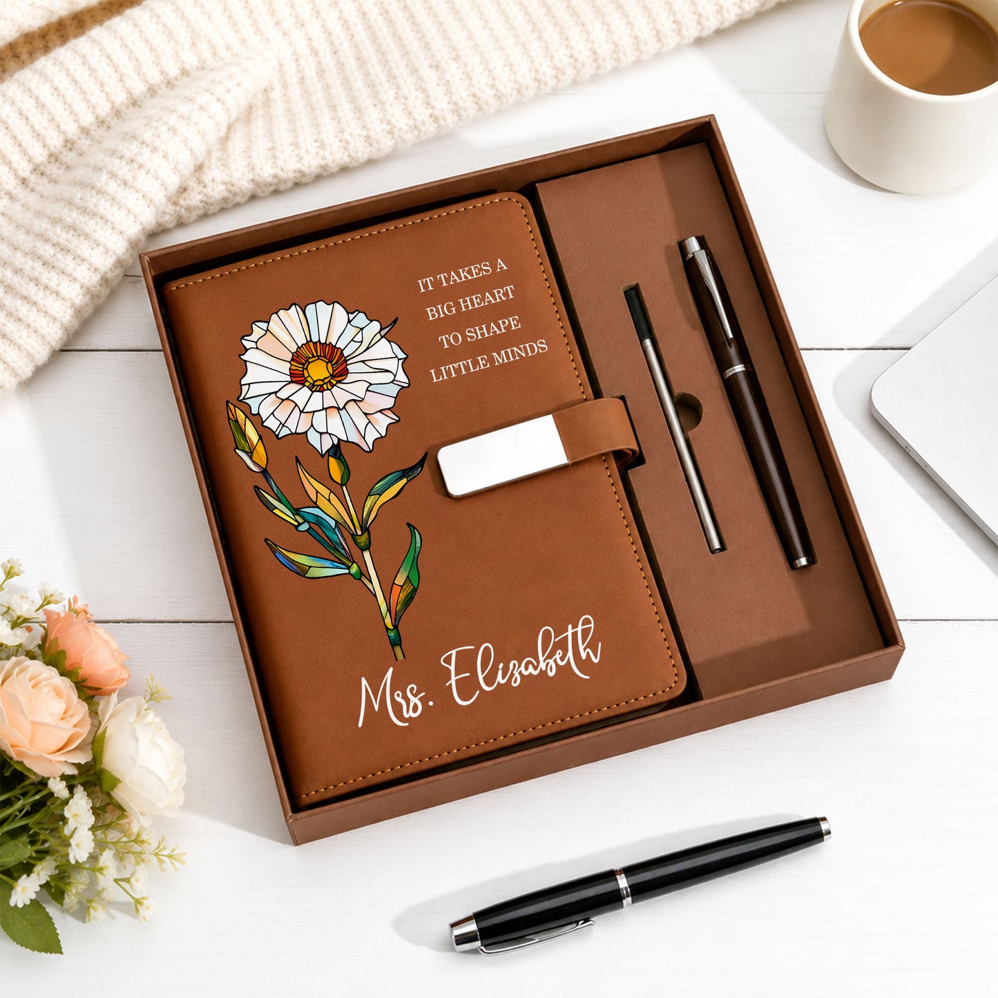 Stained Glass Birth Month Flower Teacher Journal - Custom Name Leather Notebook Gift Set - Teacher Appreciation Gift