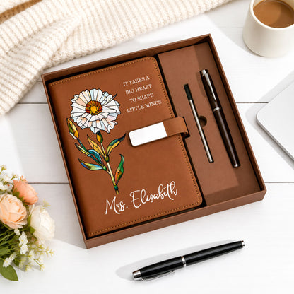 Stained Glass Birth Month Flower Teacher Journal - Custom Name Leather Notebook Gift Set - Teacher Appreciation Gift