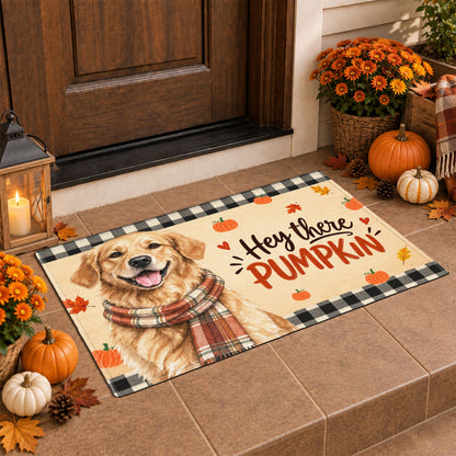 Custom Photo Watercolor Pet With Autumn Accessories Hey There Pumpkin - Personalized Doormat