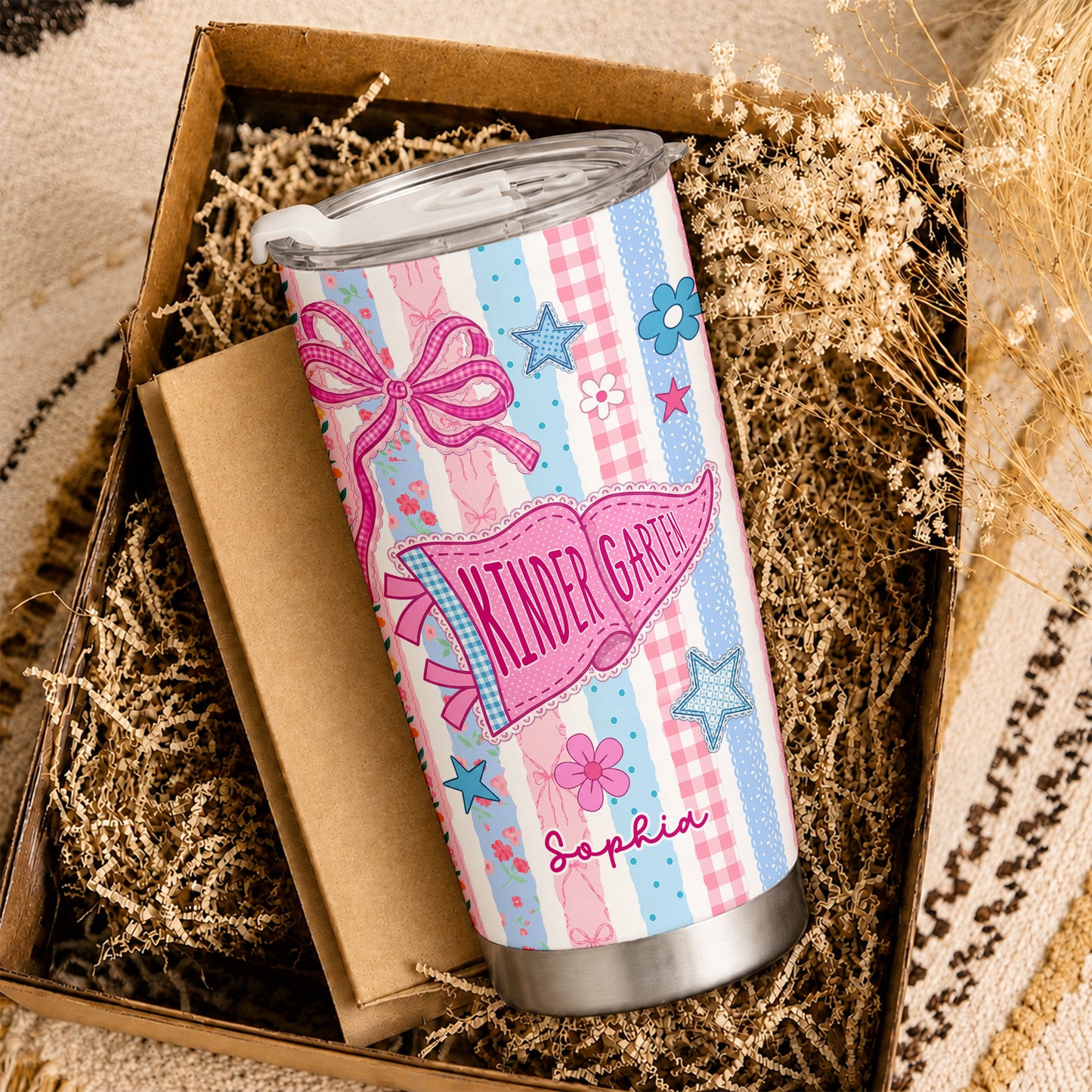 Personalized Back to School Tumbler - Custom Name & Class for Teachers and Students, Pastel Bow 20oz Travel Cup