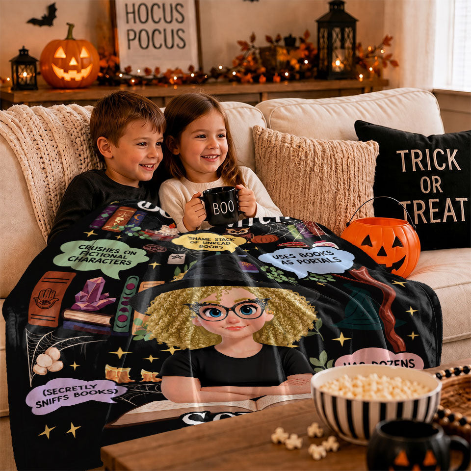 Personalized Book Witch Blanket, Custom Name & Character Halloween Reading Blanket for Women and Girls