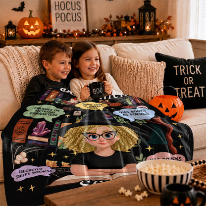 Personalized Book Witch Blanket, Custom Name & Character Halloween Reading Blanket for Women and Girls