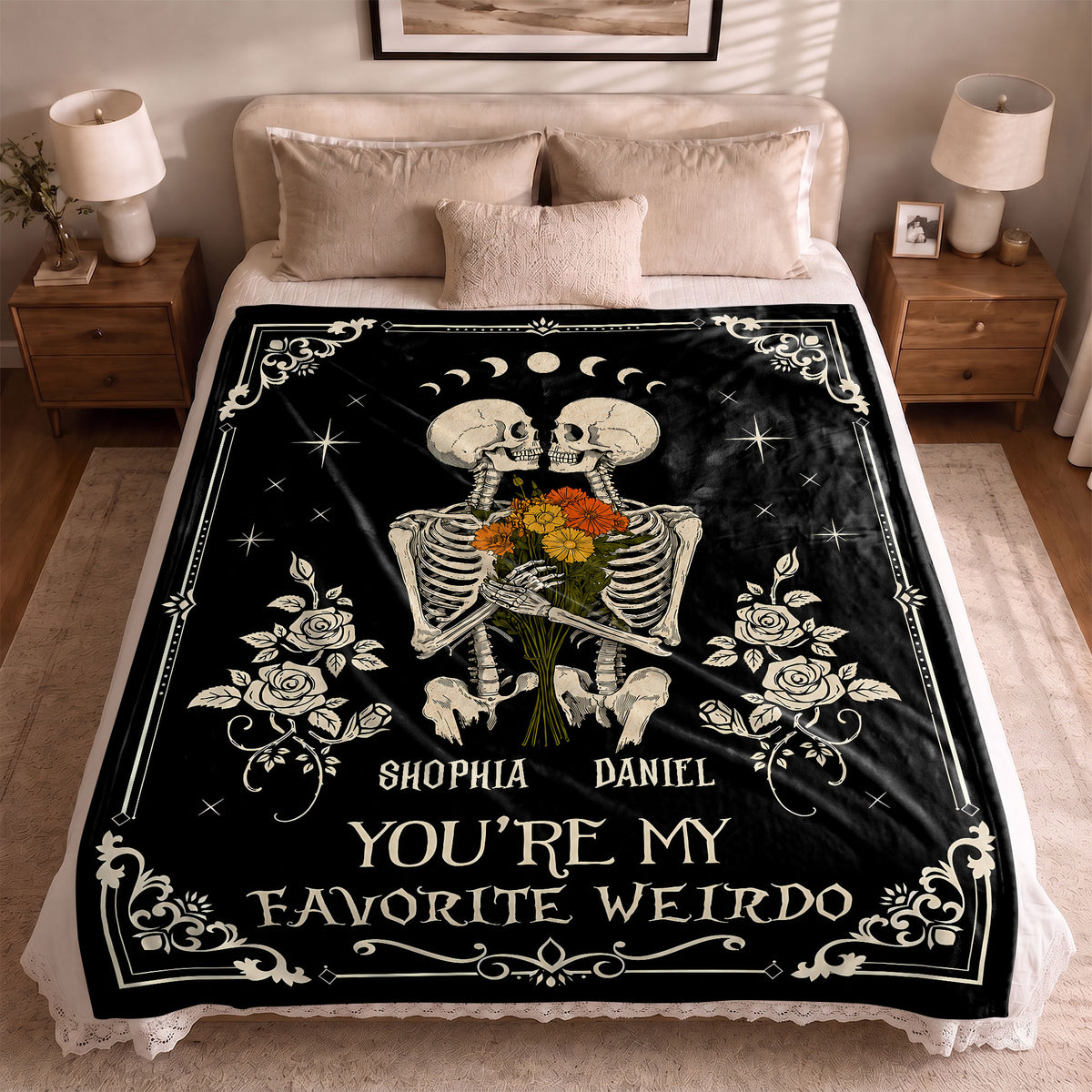 Personalized Skeleton Couple Fleece & Sherpa Blanket, Gothic Blanket with Roses, Halloween Gift for Couples