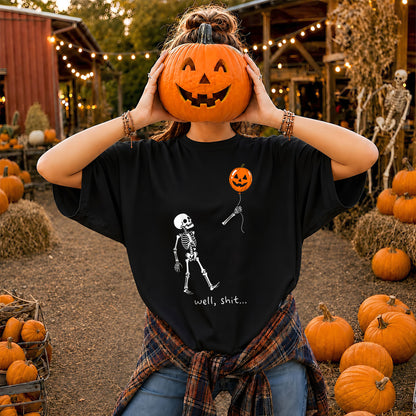 Skeleton Holding Red Balloon Graphic T-Shirt, Funny Halloween Inspired Skeleton Shirt, Spooky Season Casual Tee