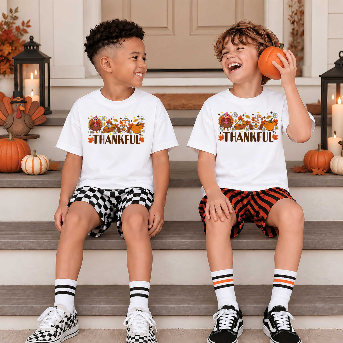 Girls Thanksgiving Shirt, Grateful Thankful Blessed Turkey Pumpkin Bow, Fall Gift for Kids & Women