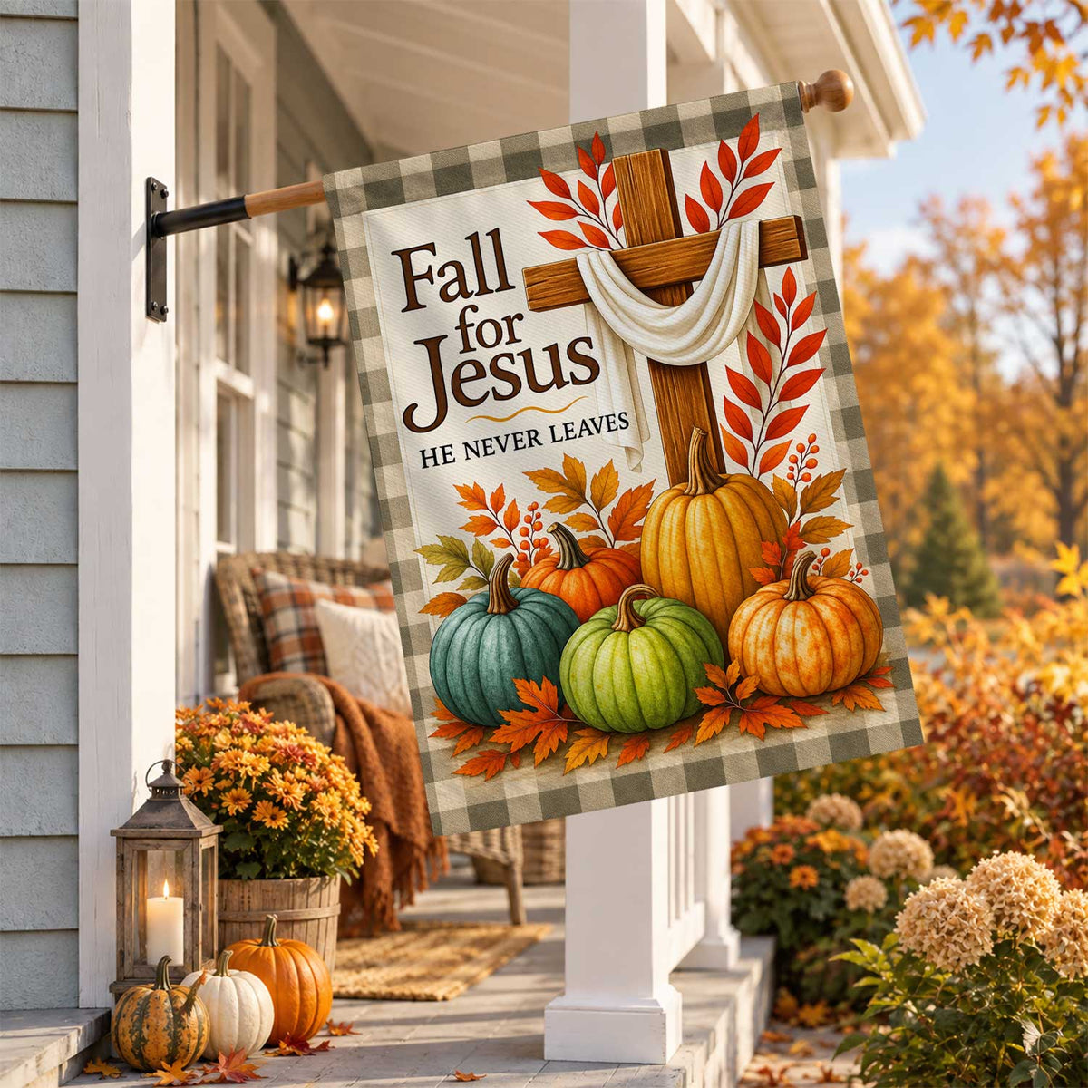 Give Thanks Fall Garden Flag, Rustic Cross Pumpkin Thanksgiving Yard Flag, Autumn Outdoor Decor
