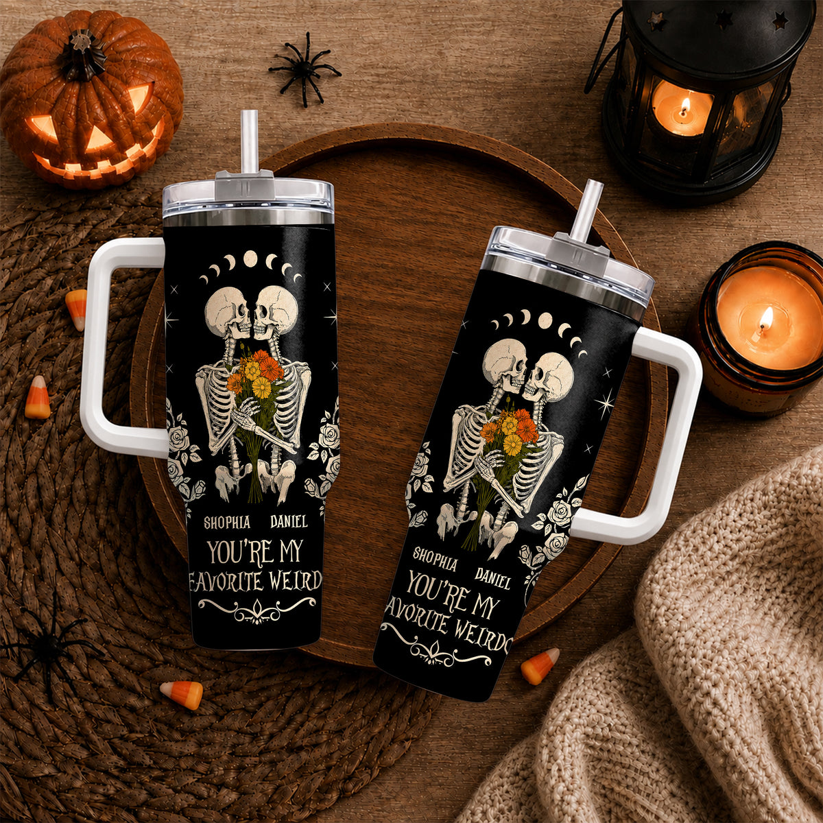 Personalized Skeleton Couple Halloween Tumbler 40oz, Gothic Skeleton with Roses, Halloween Gift for Couples