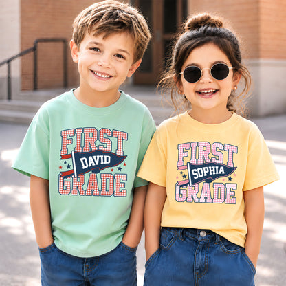 Personalized Back to School Shirt – Custom Name & Grade Preppy Striped Pennant Flag Color Tee for Teachers & Students, Pre-K to 8th Grade Outfit
