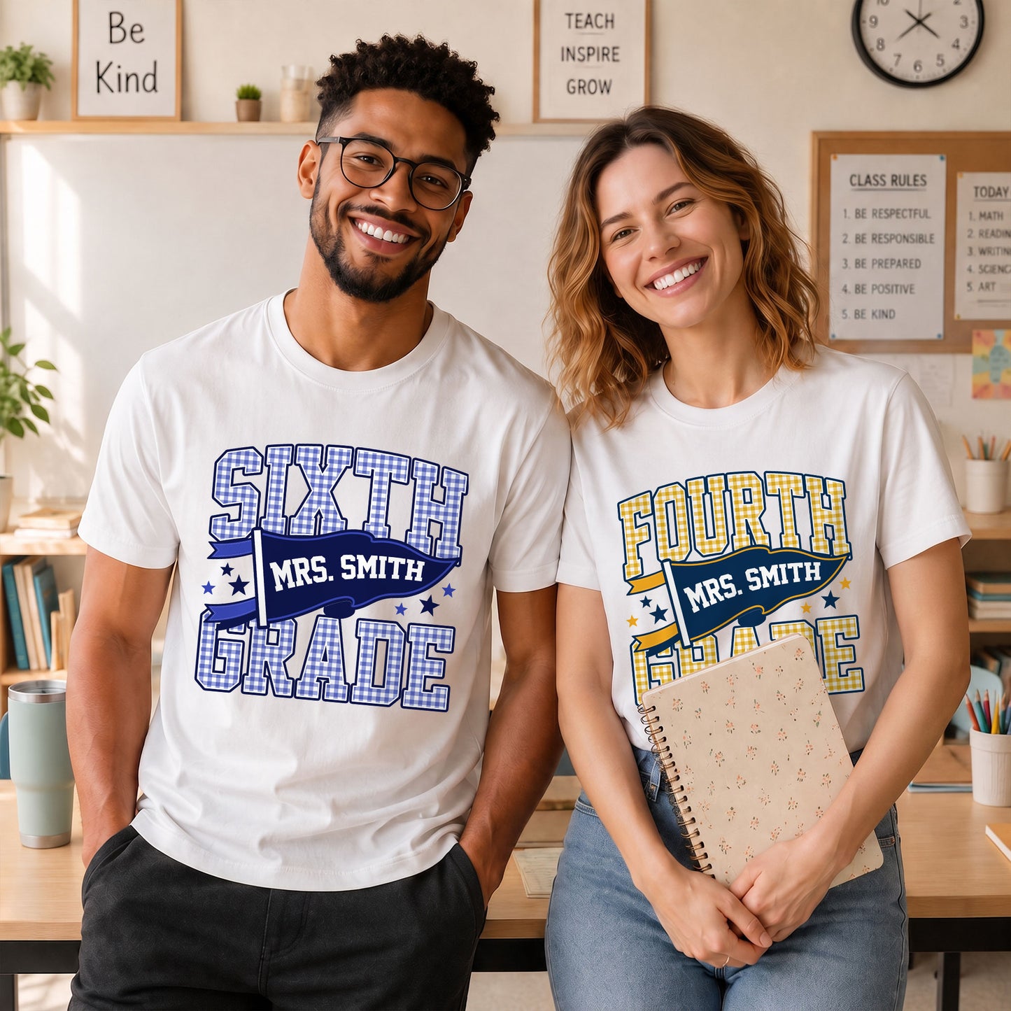 Personalized Back to School Shirt – Custom Name & Grade Preppy Striped Pennant Flag Color Tee for Teachers & Students, Pre-K to 8th Grade Outfit