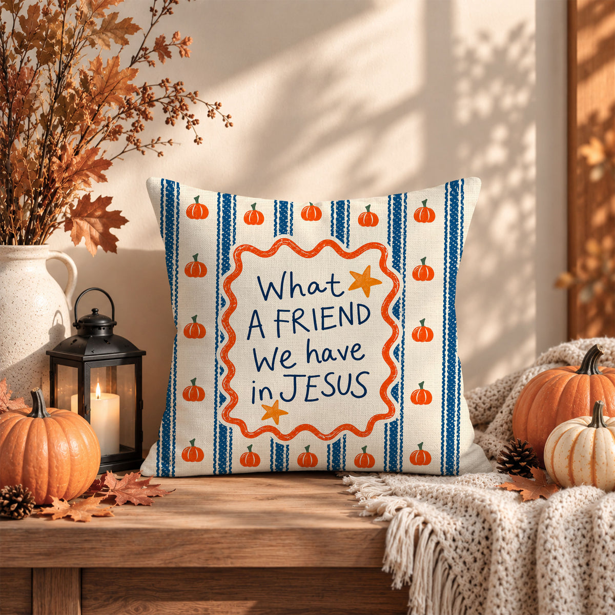 Christian Fall Throw Pillow, Jesus Faith Pumpkin Decorative Cushion, Thanksgiving Home Decor Family Gift