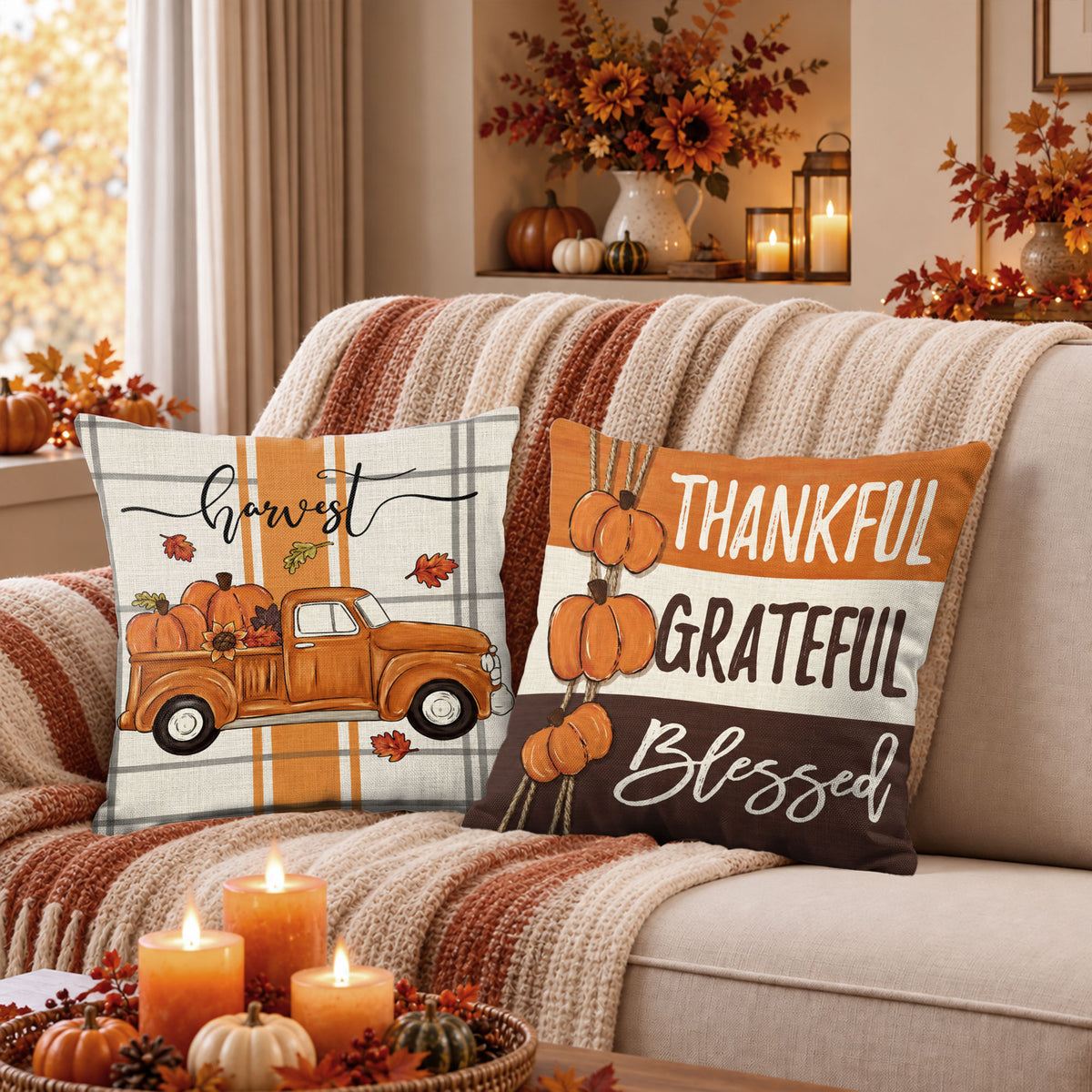 Thanksgiving Fall Decorative Pillow Set of 2 or 4, Harvest Throw Pillows for Home Decor, Gifts for Family