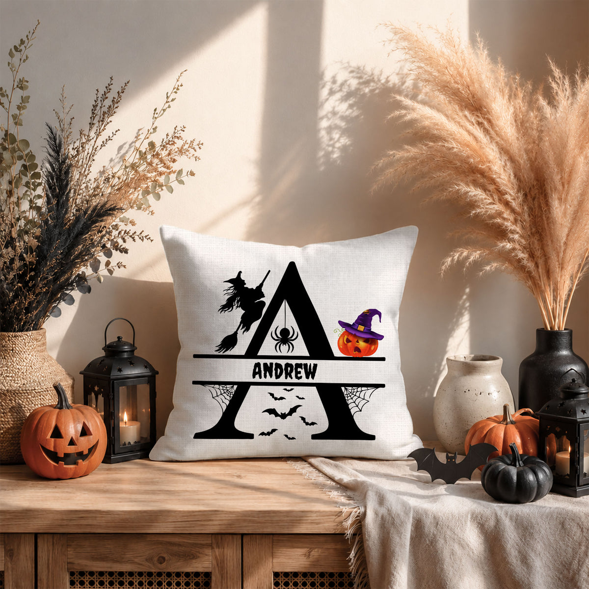 Personalized Halloween Pillow, Custom Alphabet Initial & Name Pumpkin Throw Pillow Gift for Kids and Family