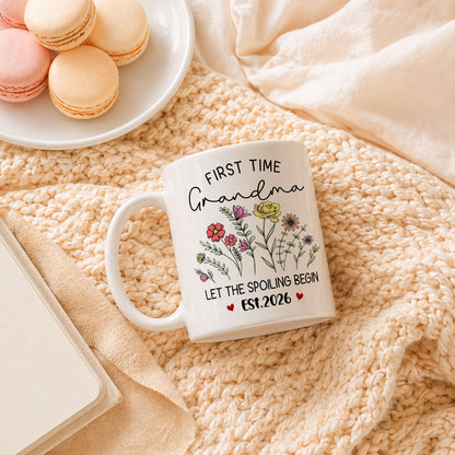 Personalized First Time Grandma Mug – Let The Spoiling Begin Coffee Mug, New Grandma Gift Est 2026