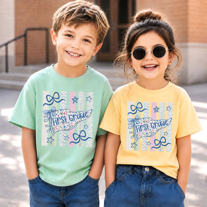 Personalized Back to School Shirt – Custom Name & Grade Preppy Striped Pennant Flag Color Tee for Teachers & Students, Pre-K to 8th Grade Outfit