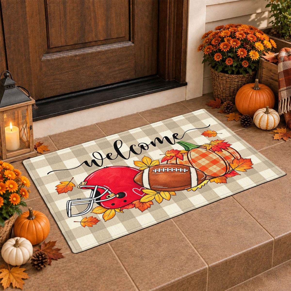 Fall Football Pumpkin Doormat, Welcome Autumn Leaves Door Mat, Thanksgiving Home Decor