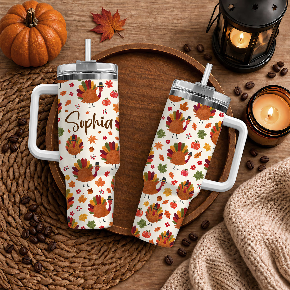 Personalized Thanksgiving Tumbler 40oz, Turkey Fall Leaves Gnome, Hello Fall Custom Name Gift For Adult & Friends