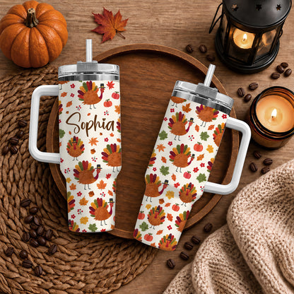 Personalized Thanksgiving Tumbler 40oz, Turkey Fall Leaves Gnome, Hello Fall Custom Name Gift For Adult & Friends