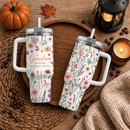 Personalized Thanksgiving Tumbler 40oz with Handle, Floral Fall Design, Gift For Grandma